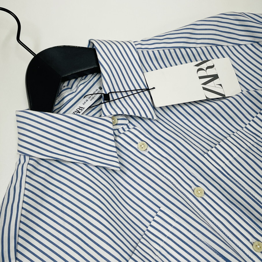ZARA /XS/ ストライプ 長袖シャツ ショート丈 トップス レディース タグ付き カジュアル 通勤ブルーホワイト 大人可愛い生地コットン ザラ