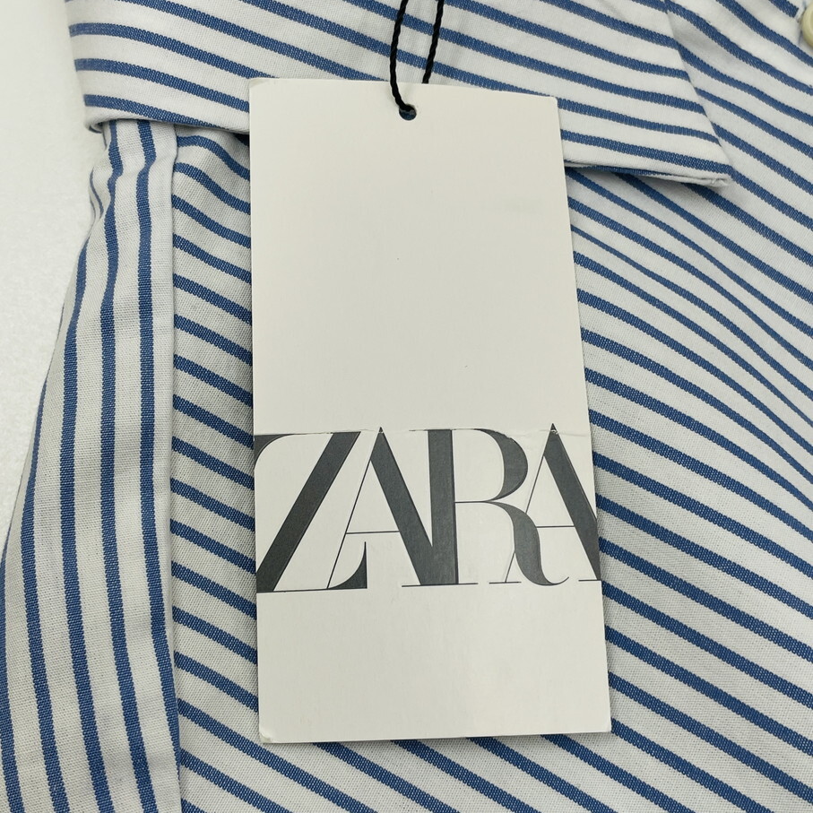 ZARA /XS/ ストライプ 長袖シャツ ショート丈 トップス レディース タグ付き カジュアル 通勤ブルーホワイト 大人可愛い生地コットン ザラ