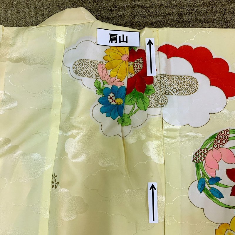□きものマーチ□七五三 七歳 女児 著物&袋帯&長(zhǎng)襦袢 金彩 金纟 花丸文 淡い黃色□良好 506ag1