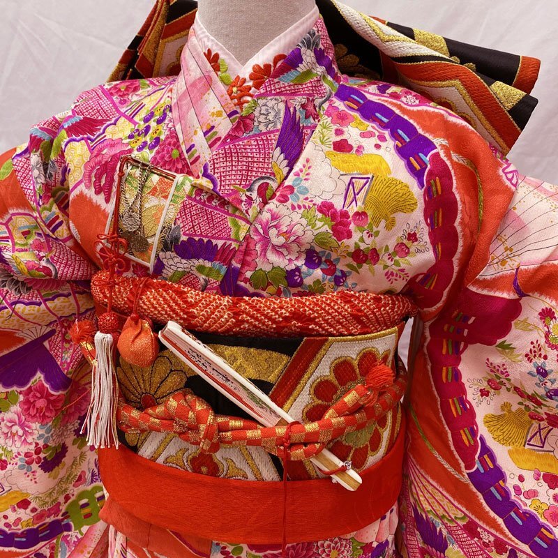 ◎七五三 七歳 女児 アンティーク著物&丸帯&長襦袢 総柄 濃い緋色◎美品 506ag15