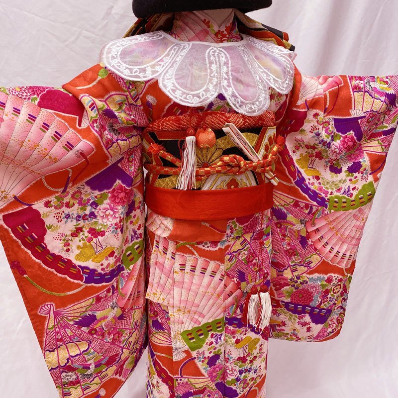 ◎七五三 七歳 女児 アンティーク著物&丸帯&長襦袢 総柄 濃い緋色◎美品 506ag15