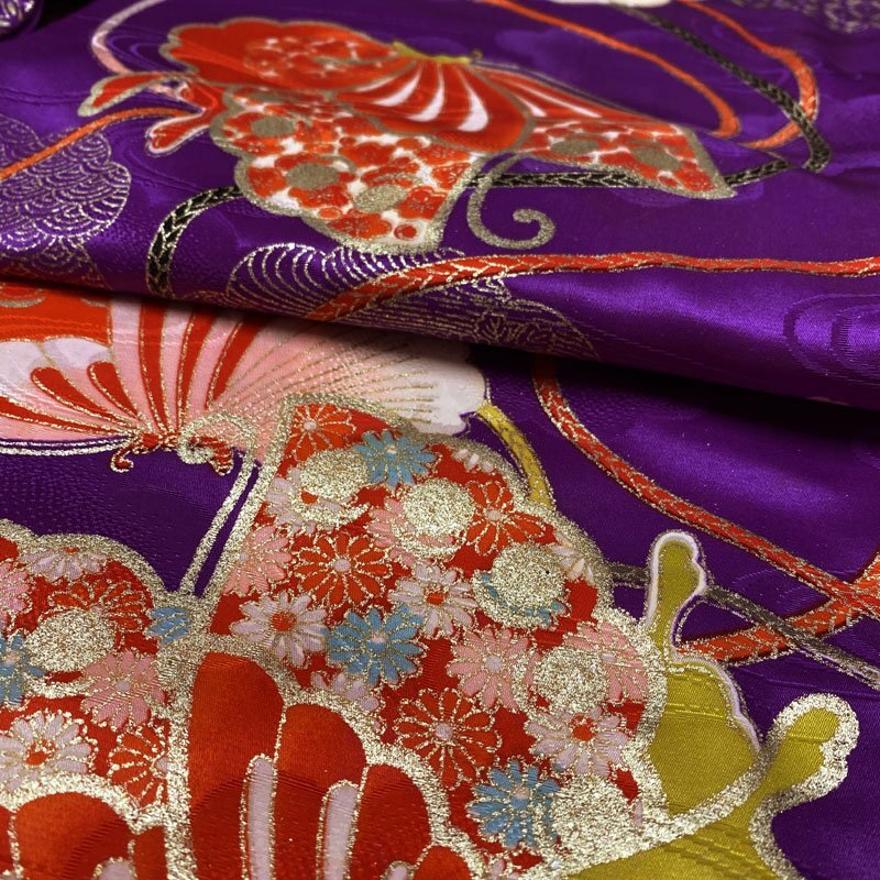 506ag59◎七五三 七歳 女児 着物&袋帯 金彩 蝶雲取り 濃い杜若色◎ ◎七五三 七歳 女児 着物&袋帯 金彩 蝶雲取り 濃い杜若色◎