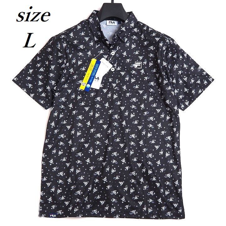 T186 新品 FILA GOLF フィラ ゴルフ 花柄 半袖 ポロシャツ ストレッチ 吸汗速乾 UVカット 総柄 ブラック L_画像1