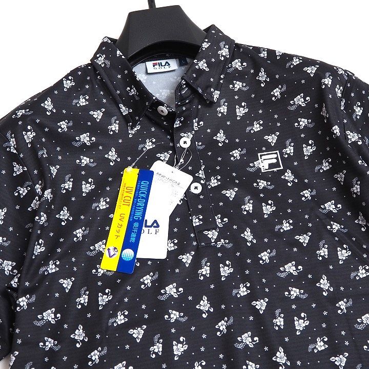 T186 新品 FILA GOLF フィラ ゴルフ 花柄 半袖 ポロシャツ ストレッチ 吸汗速乾 UVカット 総柄 ブラック L_画像2