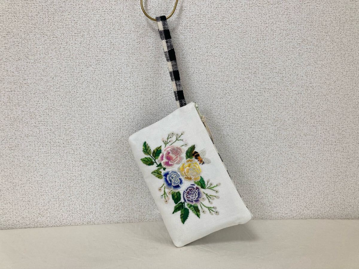 ＜jelyglas＞ハンドメイド 手刺繍 [mottainai ハチと薔薇] ポーチ 小物入れ カバン かばん 鞄 一點(diǎn)物