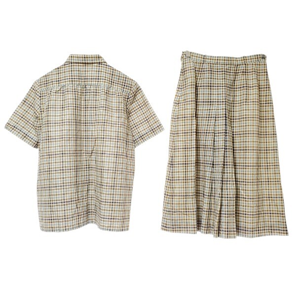#snc バーバリー BURBERRY セットアップ ベージュ 白 青系 ツーピース ヴィンテージ プリーツ チェック 麻混 レディース [940193]