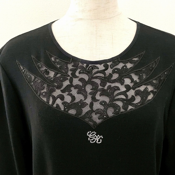 #wnc GKITALIYA 伊太利屋 カットソー 11 黒 ニット ラインストーン ロゴ レース 刺繍 美品 レディース [936958]