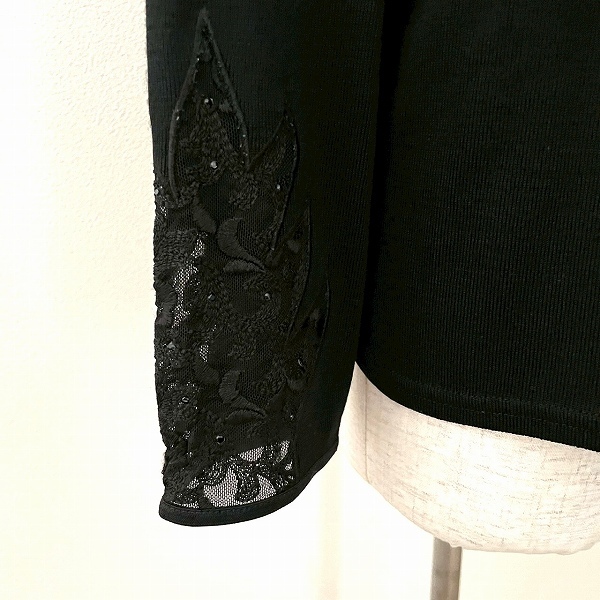 #wnc GKITALIYA 伊太利屋 カットソー 11 黒 ニット ラインストーン ロゴ レース 刺繍 美品 レディース [936958]