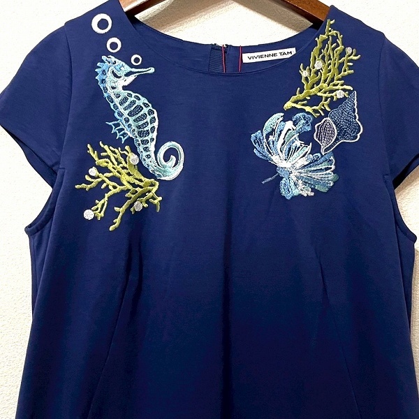 #snc ヴィヴィアンタム VIVIENNETAM ワンピース 0 紺 半袖 刺繍 貝殻 タツノオトシゴ タグ付き 新品同様 レディース [853343]