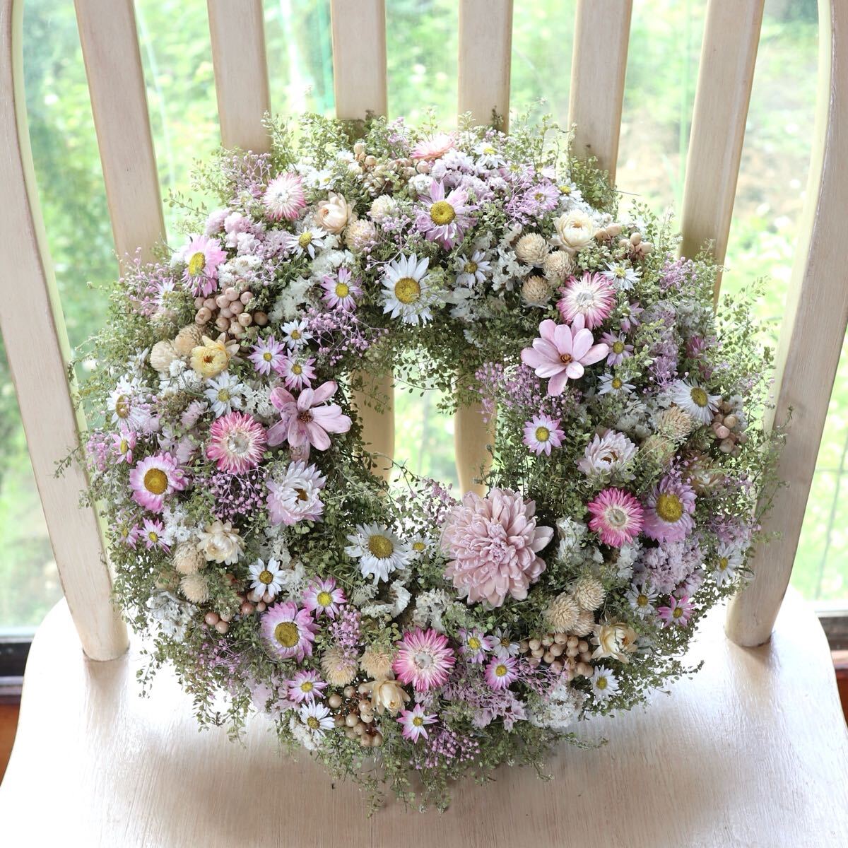*kashun* (35cm) ハンドメイド パステルピンクの淡いお花畑リース/ドライフラワー/誕生日プレゼント/開店祝い/初夏/サマー