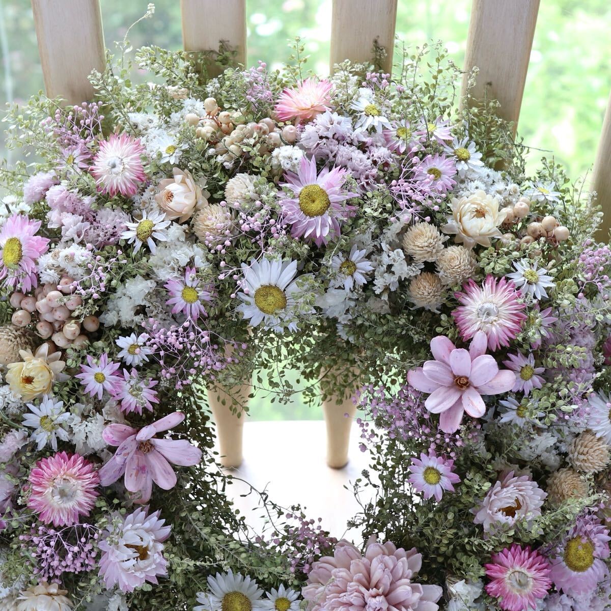 *kashun* (35cm) ハンドメイド パステルピンクの淡いお花畑リース/ドライフラワー/誕生日プレゼント/開店祝い/初夏/サマー