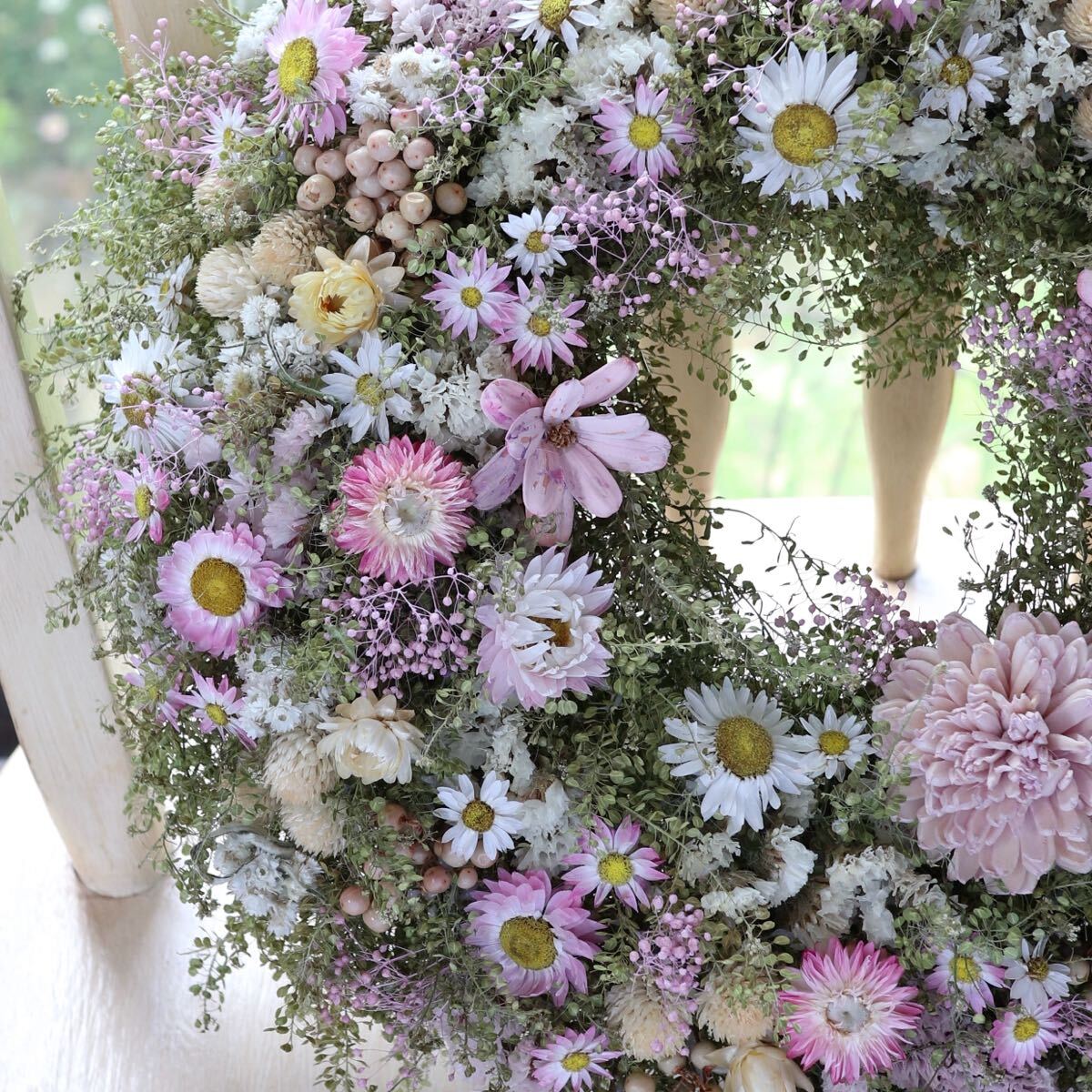 *kashun* (35cm) ハンドメイド パステルピンクの淡いお花畑リース/ドライフラワー/誕生日プレゼント/開店祝い/初夏/サマー