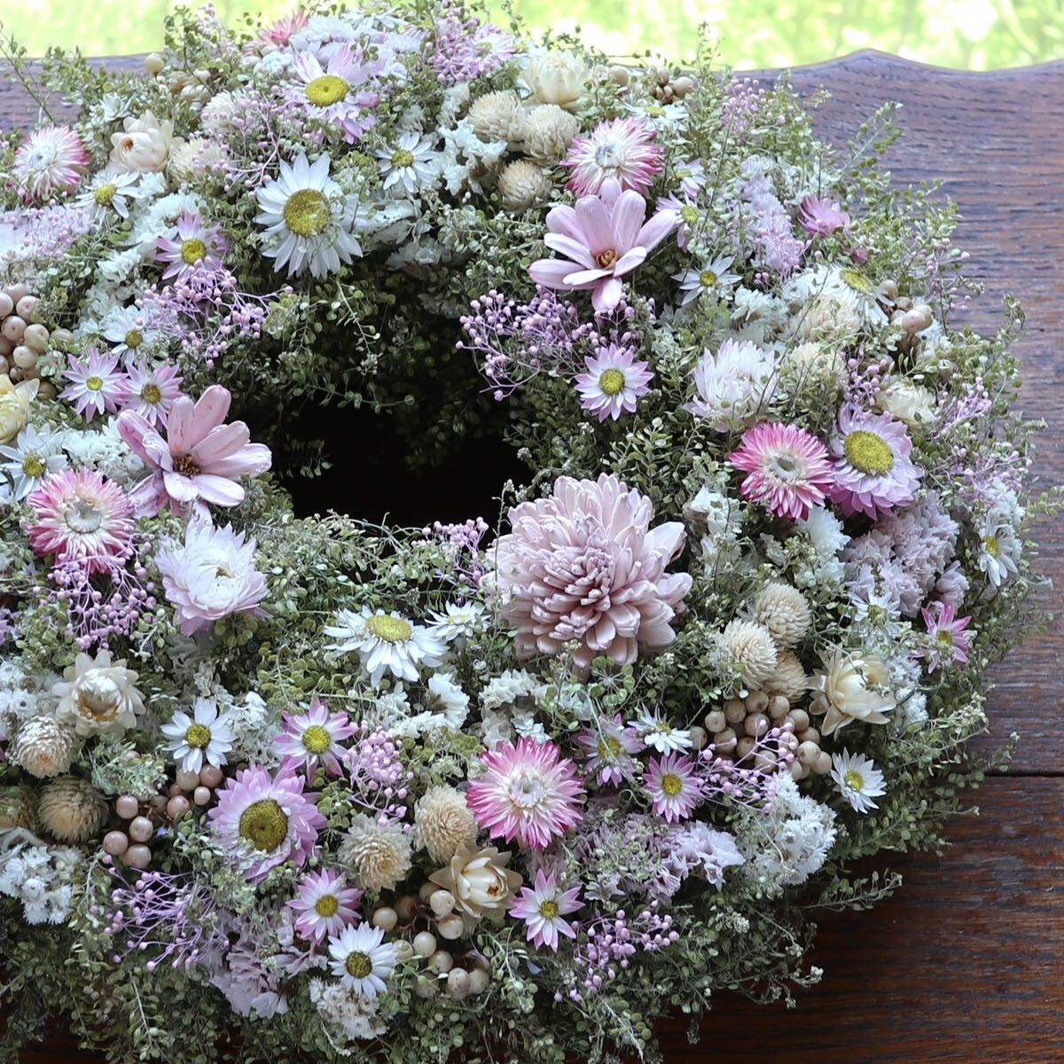 *kashun* (35cm) ハンドメイド パステルピンクの淡いお花畑リース/ドライフラワー/誕生日プレゼント/開店祝い/初夏/サマー