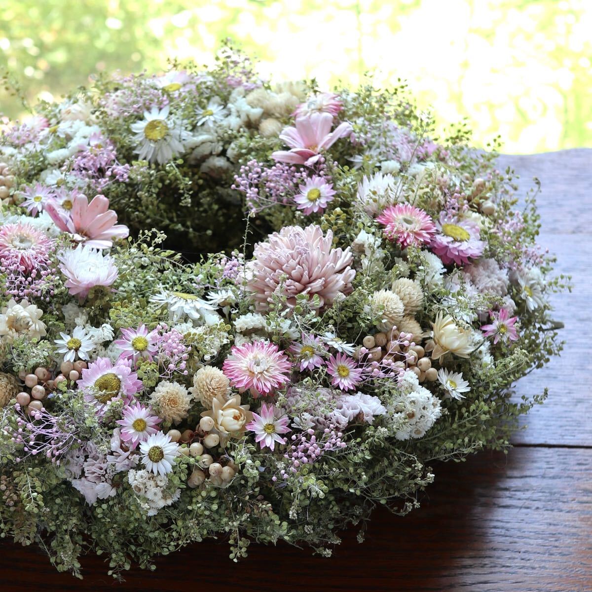 *kashun* (35cm) ハンドメイド パステルピンクの淡いお花畑リース/ドライフラワー/誕生日プレゼント/開店祝い/初夏/サマー