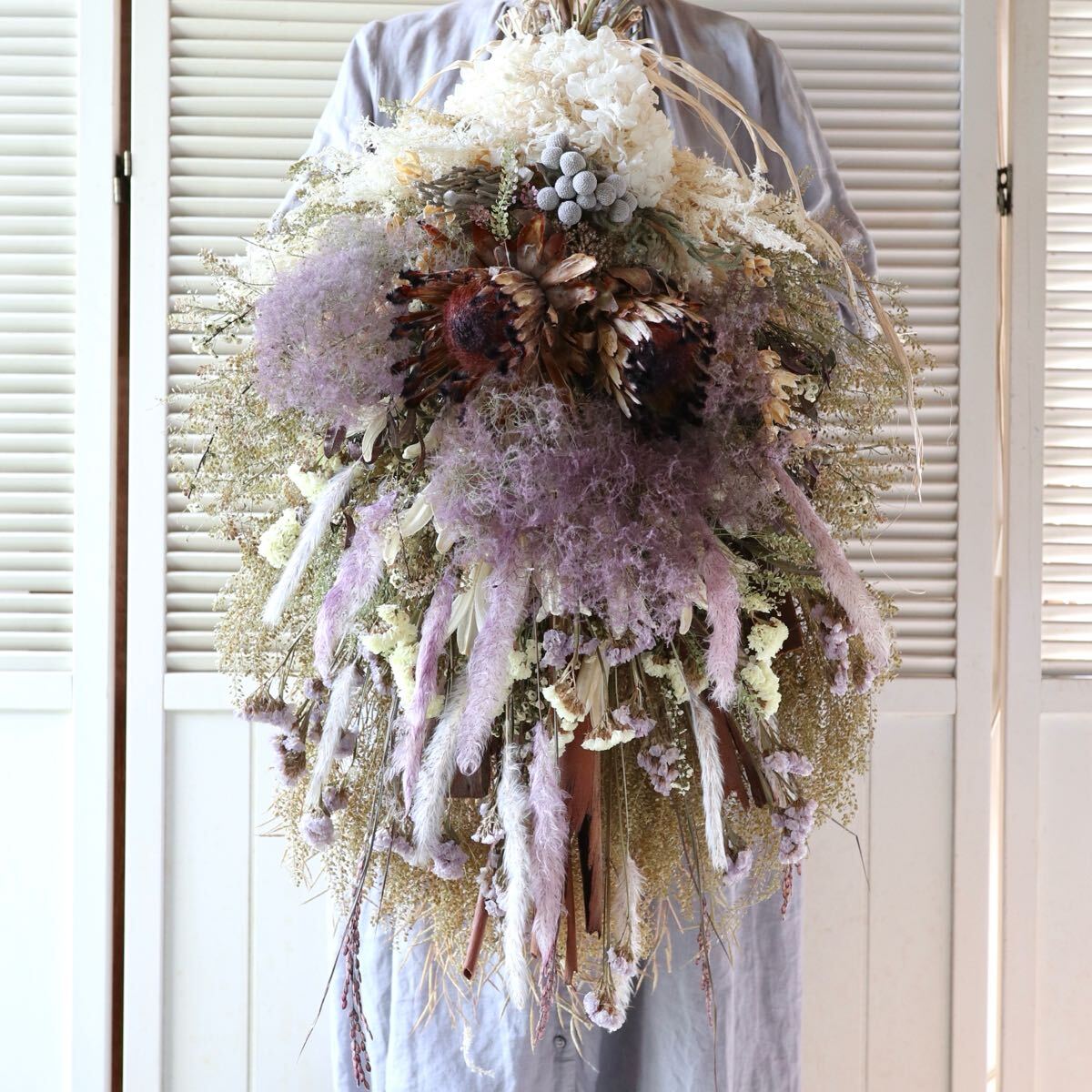 *kashun* (75cm)＊特大＊ハンドメイド プロテアとスモークツリーのアンティークカラーのボリュームスワッグ/ドライフラワー/開店祝い/花束