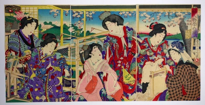 婦人物學の図　三枚続　國周畫