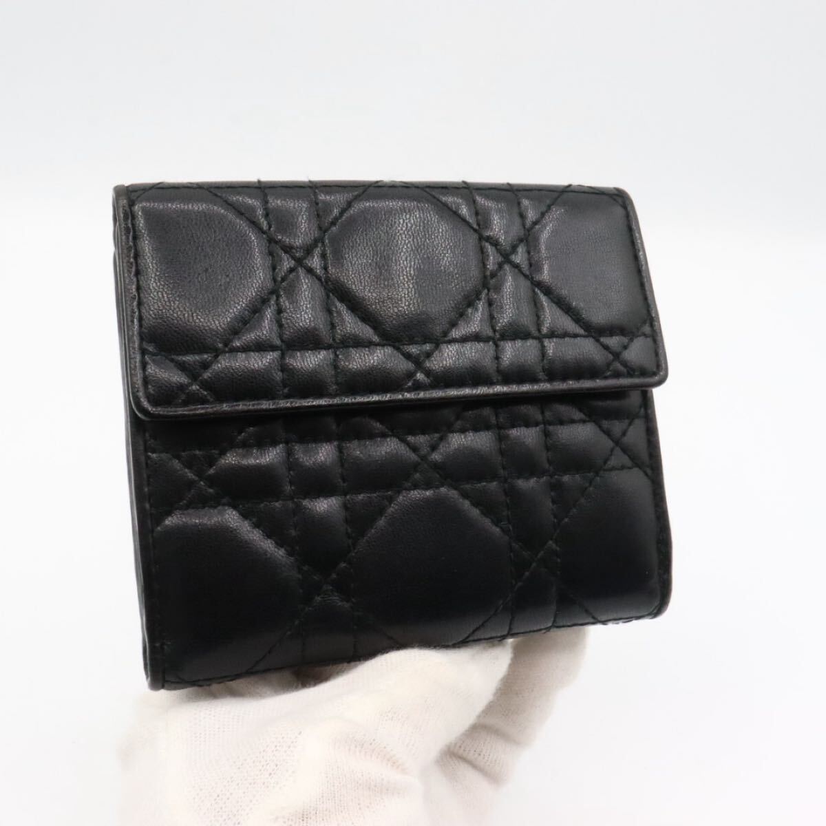 クリスチャン・ディオール カナージュレザー財布 美品 クリスチャン ディオール カナージュ レザー 折り財布 ブラック