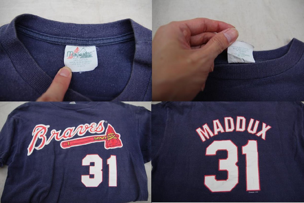 80s 90s Majestic S/S Print Tee Atlanta Braves MLB 半袖プリントTシャツ アトランタブレーブス Navy 紺 L Boys ベースボール フェード
