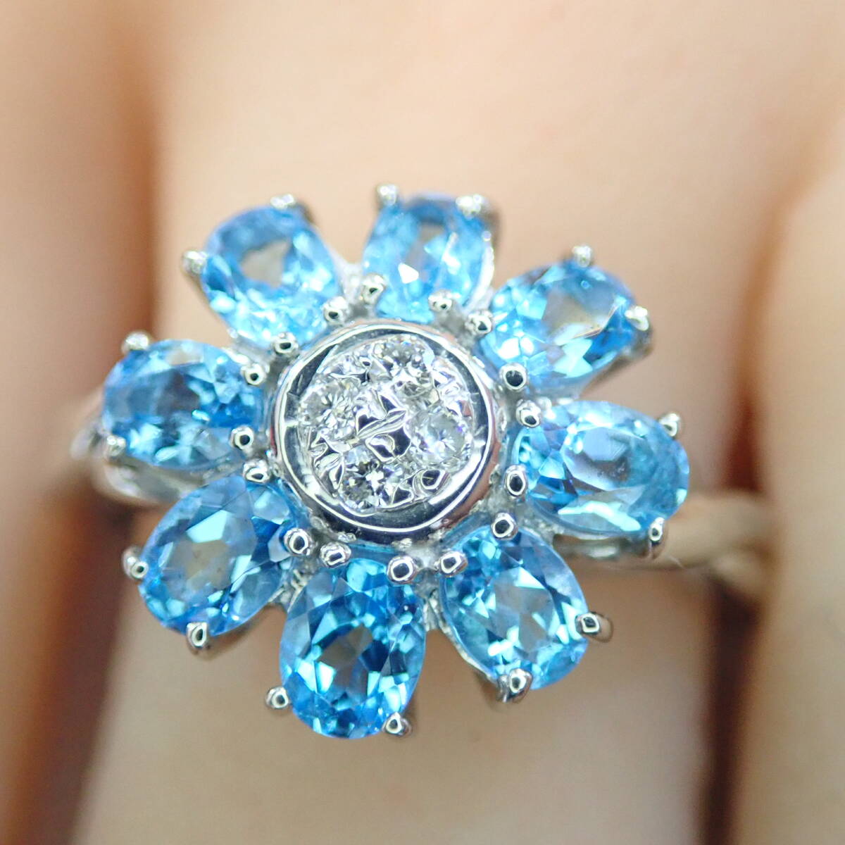 ■Pt850 ブルートバーズ＆ダイヤモンドファッションリング T:1.69ct■ボリューム■指輪■中古磨き仕上げ■フラワーモチーフ■