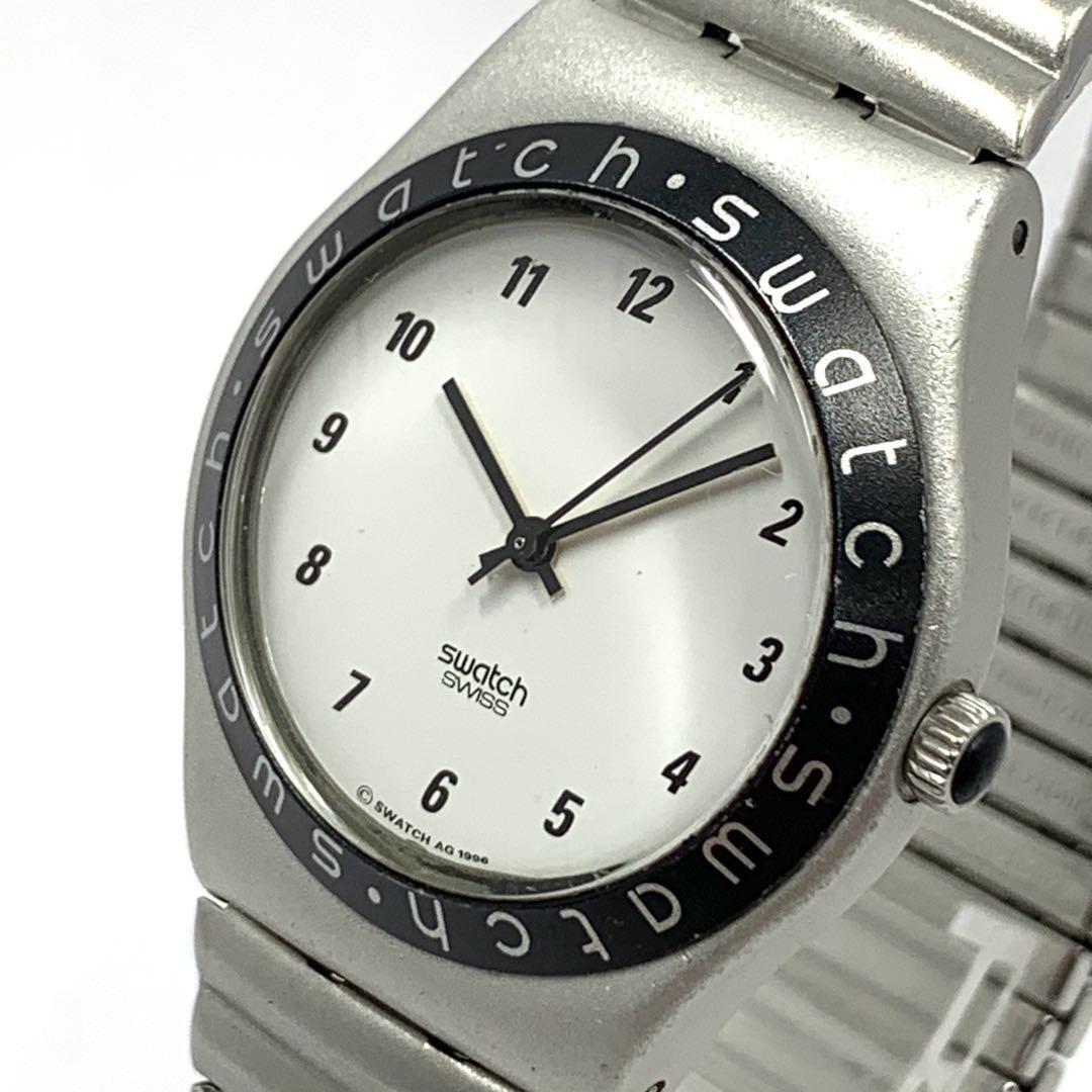 185 稼働品 電池交換済 Swatch IRONY スウォッチ アイロニー SWISS レディース メンズ 腕時計 クオーツ式 3針 蛇腹 オニキス 人気 希少 