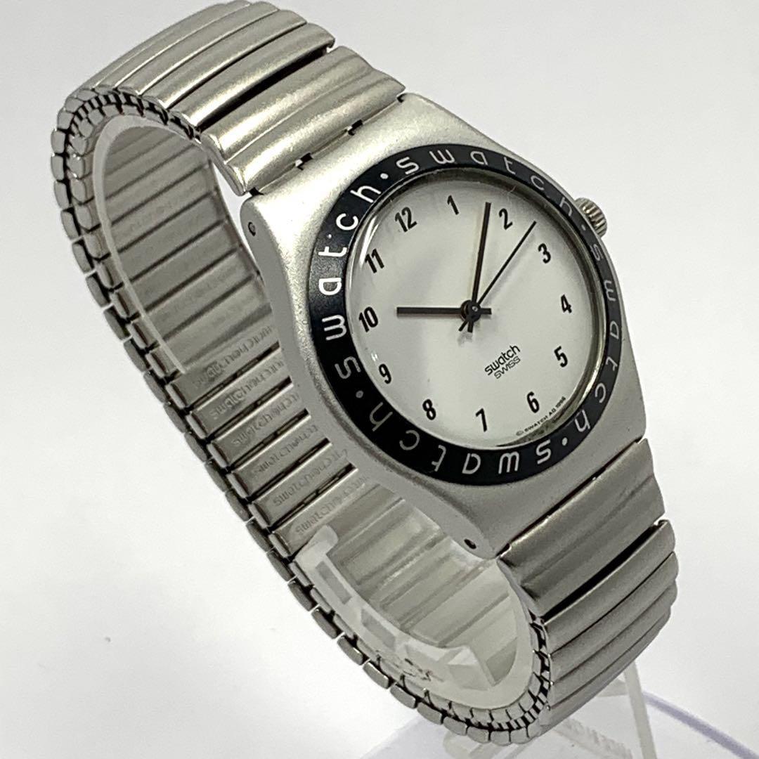 185 稼働品 電池交換済 Swatch IRONY スウォッチ アイロニー SWISS レディース メンズ 腕時計 クオーツ式 3針 蛇腹 オニキス 人気 希少 