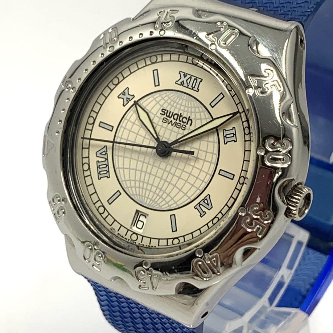 199 稼働品 電池交換済 ★訳あり Swatch スウォッチ SWISS メンズ 腕時計 3針 デイト 蓄光 回転ベゼル ラバーベルト 人気 希少