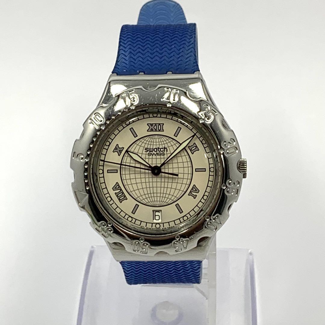 199 稼働品 電池交換済 ★訳あり Swatch スウォッチ SWISS メンズ 腕時計 3針 デイト 蓄光 回転ベゼル ラバーベルト 人気 希少