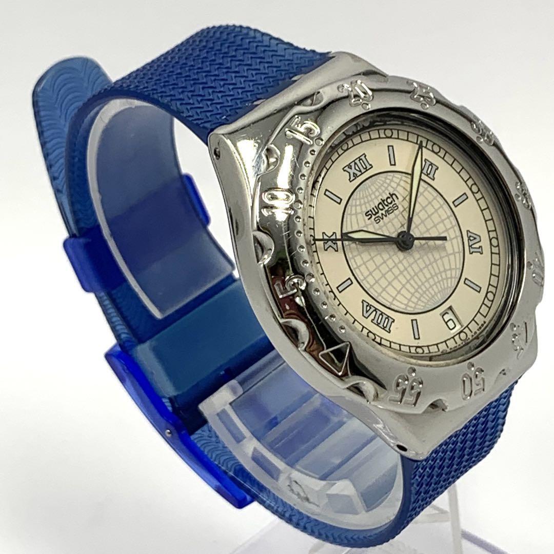 199 稼働品 電池交換済 ★訳あり Swatch スウォッチ SWISS メンズ 腕時計 3針 デイト 蓄光 回転ベゼル ラバーベルト 人気 希少