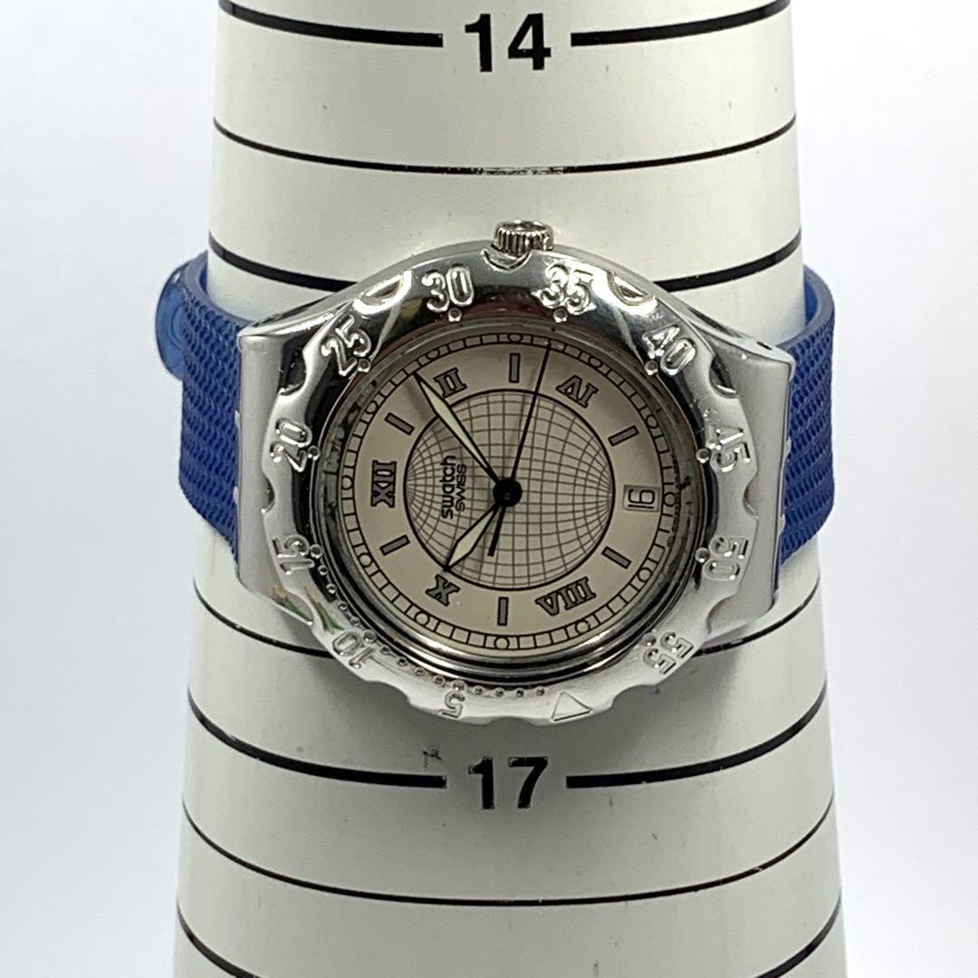 199 稼働品 電池交換済 ★訳あり Swatch スウォッチ SWISS メンズ 腕時計 3針 デイト 蓄光 回転ベゼル ラバーベルト 人気 希少