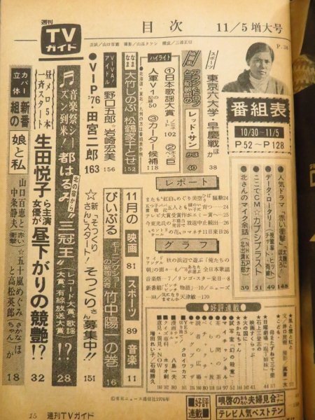 6)週刊TVガイド[関西版] 昭和51年11月5日號(hào)◆山口百恵 ナンシー美紀(jì) ビートルズ 都はるみ コマネチ 勝野洋 リンゴ?スター テレビガイド