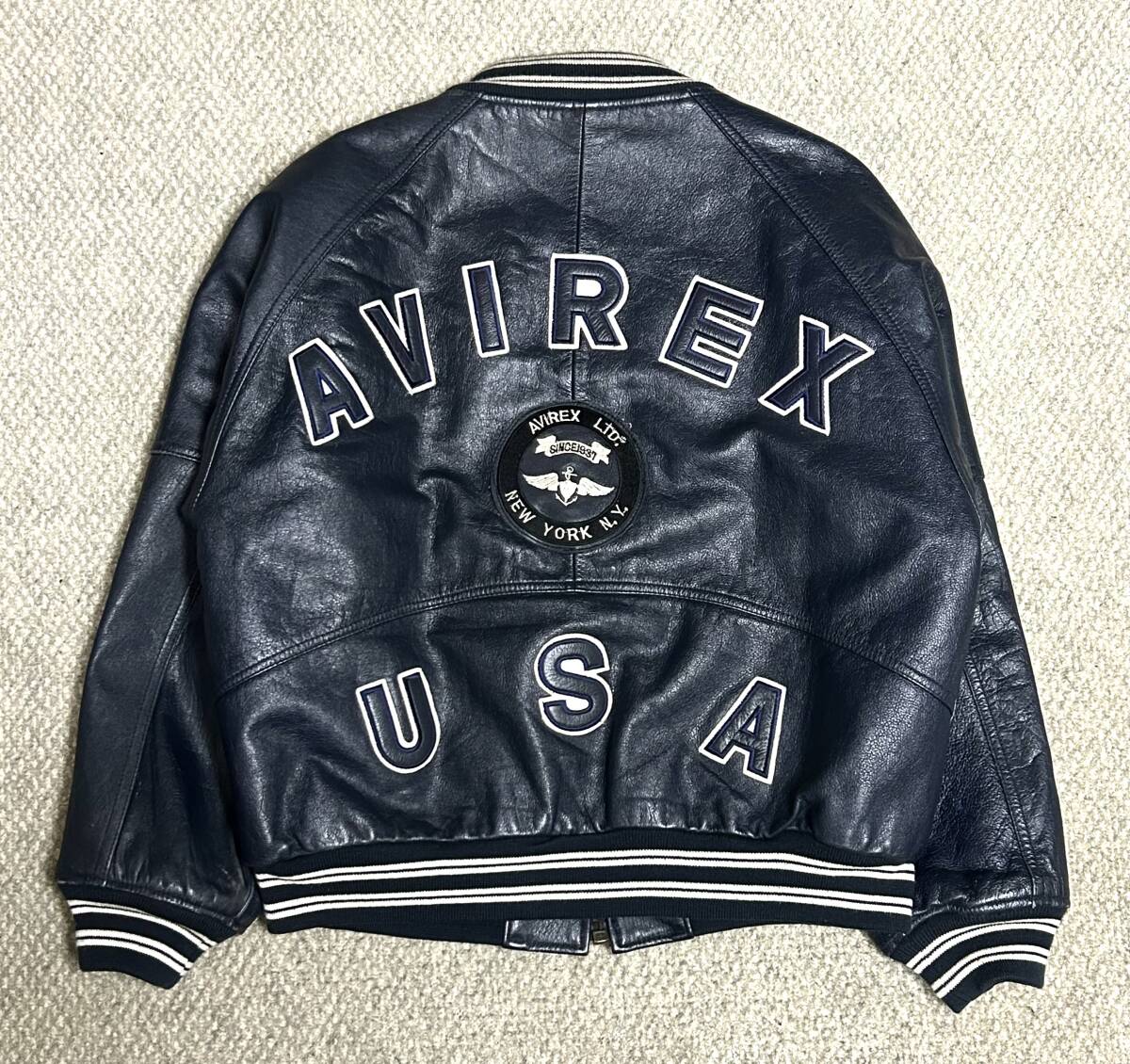 良品③AVIREX レザースタジャン青◇TOPGUN アヴィレックス gpz アビレックス　ハーレー★匿名配送★ショベル　HARLEY 革ジャン