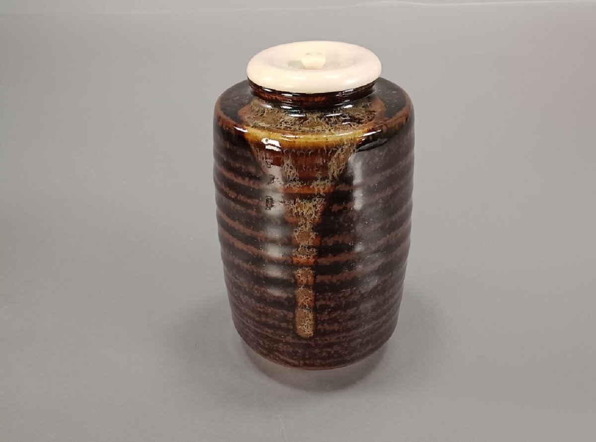 岩崎新定 茶入 仕覆 膳所焼 陽炎園 肩衝 共箱 茶道具