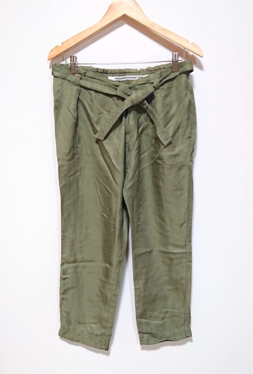 h3283gg 日本製 KAMISHIMA CHINAMI YELLOW（カミシマチナミイエロー）サイズ38(M位) リネンパンツ カーキ レディース リネン×レーヨン_画像1
