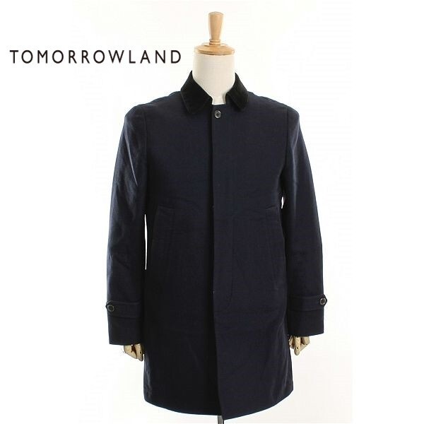 A4304/美品 秋冬 TOMORROWLAND トゥモローランド ウール カシミヤ コーデュロイ 里チェック ワーク 膝丈 ステンカラーコート46濃紺/メンズ