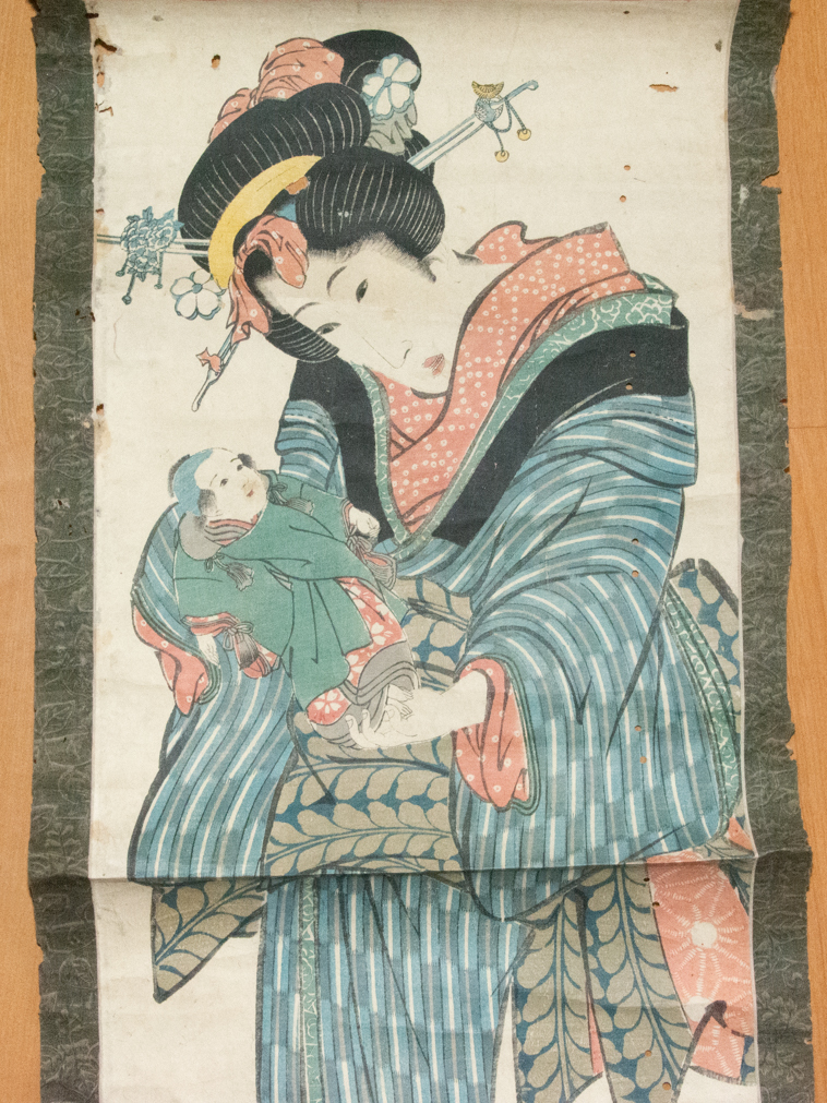 真作】掛軸 菊川英山 木版画 美人画 赤子 浮世絵 掛軸 日本画 古