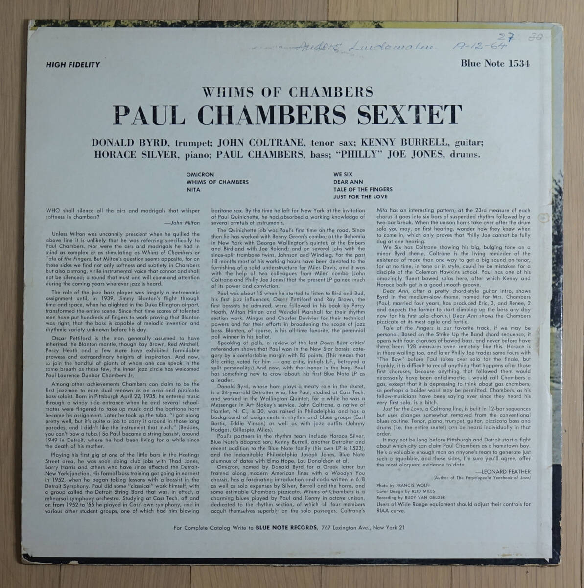  очень редкий! US BLUE NOTE BLP 1534 совершенно оригинал Whims of Chambers / Paul Chambers Sextet Lexington/DG/RVG/EAR/Flat Edge