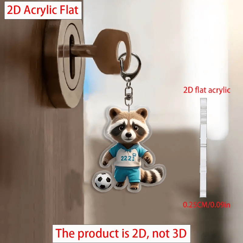 キーホルダー サッカーをするアライグマ アクリル 小さめ 5.5cm 平面 2D キーチェーン アニマル かわいい 二足歩行 動物 インテリア t6729