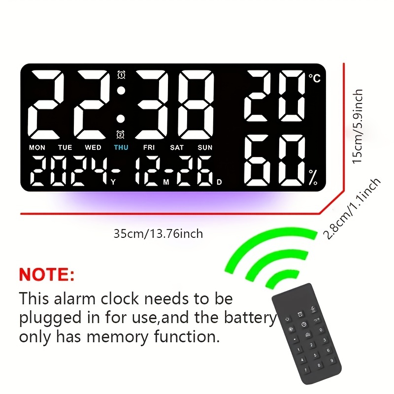 デジタル時計 壁掛け 置き型 グリーン 大型 35cm 大画面 目覚まし時計 自動調光 リモコン付き 気温 日付 湿度 曜日 アラーム 有線 t6868_画像2