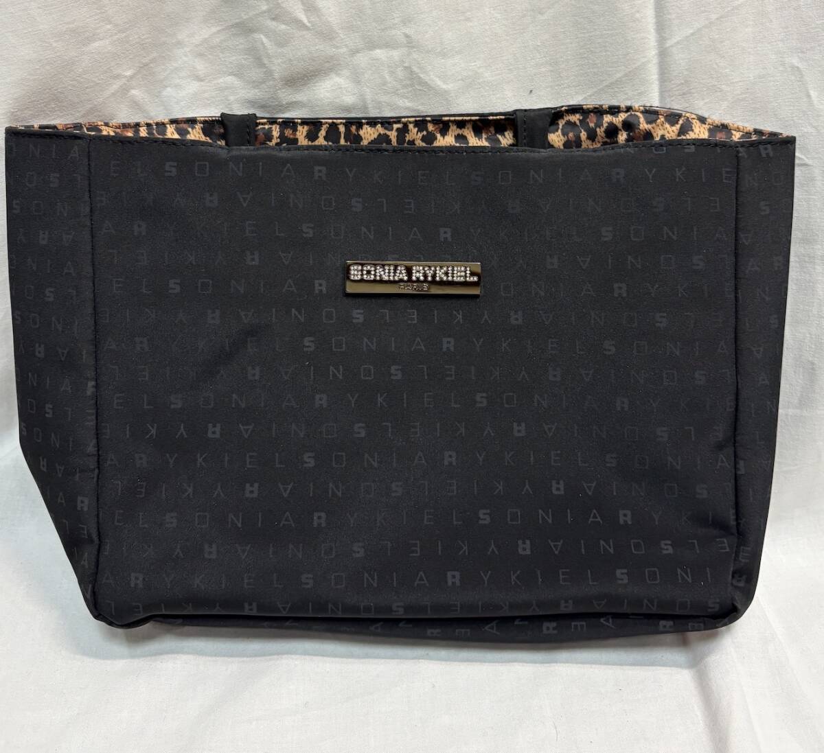 SE397 YF065 【1円から】 SONIA RYKIEL ソニアリキエル トートバッグ ブラック系 黒系 ナイロン ロゴ柄 シンプル 內(nèi)側(cè)ヒョウ柄 おしゃれ