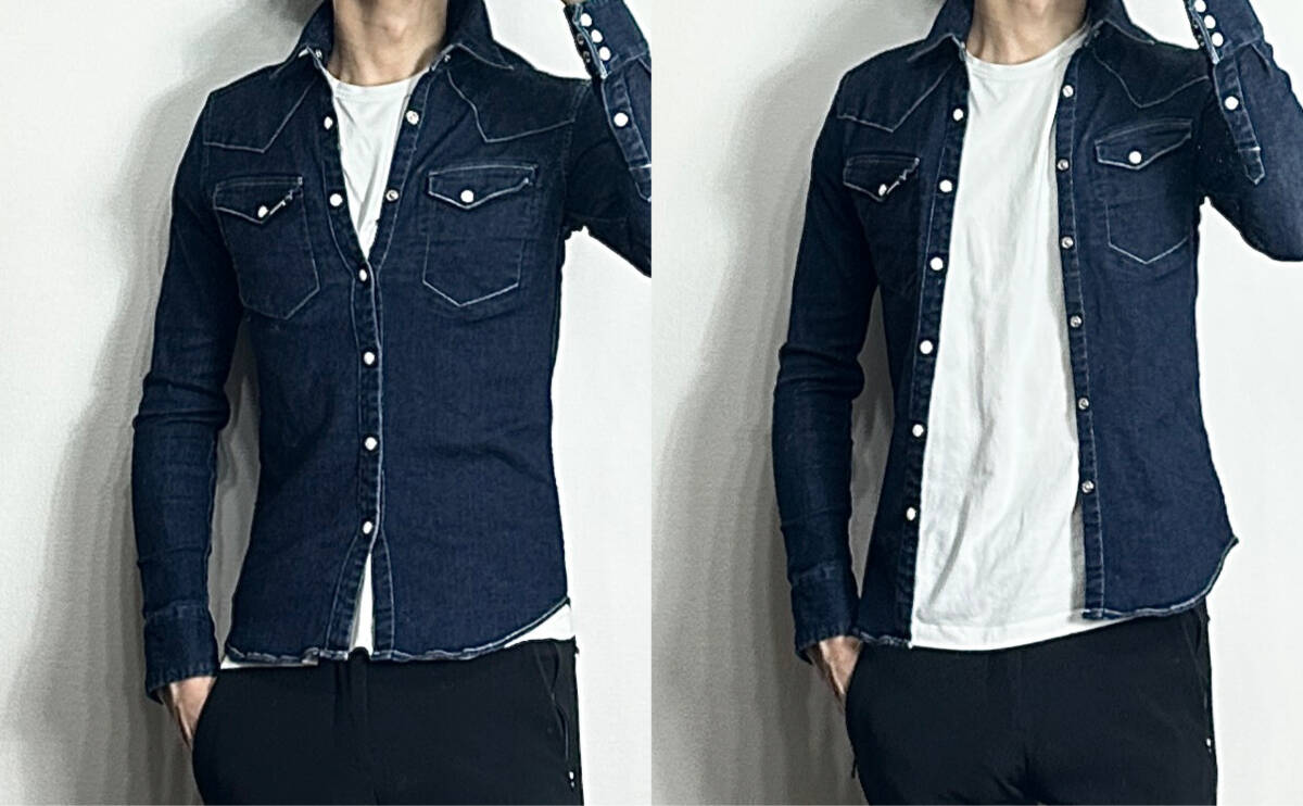 定価5.2萬(wàn) AKM 8oz STRETCH DENIM WESTERN SHIRTS サイズS 紺 ストレッチデニムウエスタンシャツ wjk ジュンハシモト
