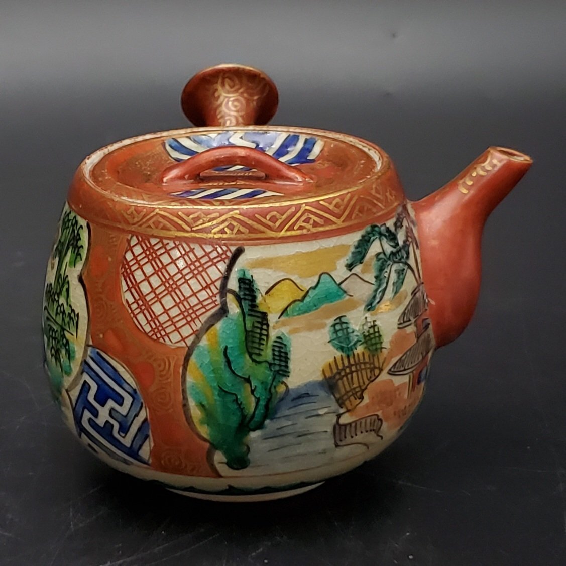 宝蔵】時代物 九谷焼 庄三 金彩色絵賢人図 茶器揃え 急須
