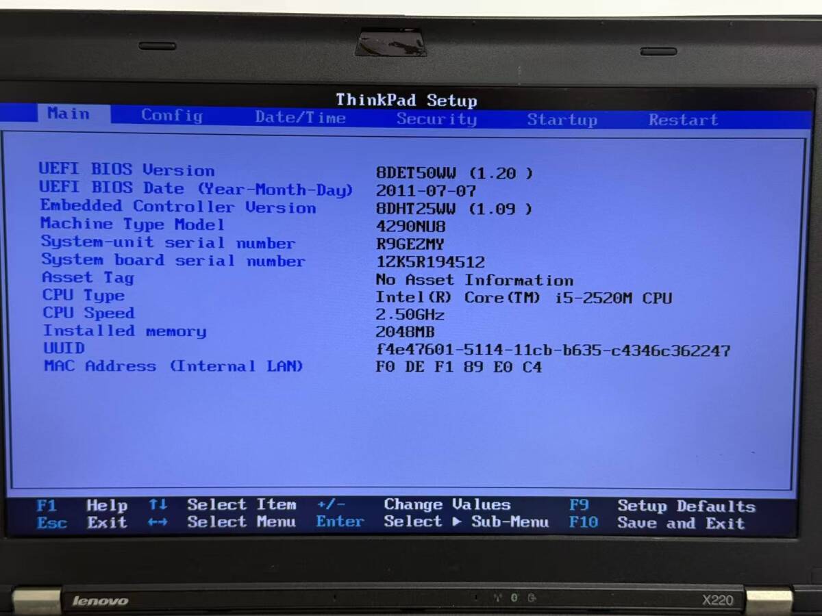 ジャンク品 Lenovo ThinkPad X220 12.5型 CPU Core i5-2520M/ メモリ2GB/ ディスクなし「YHOK000275」