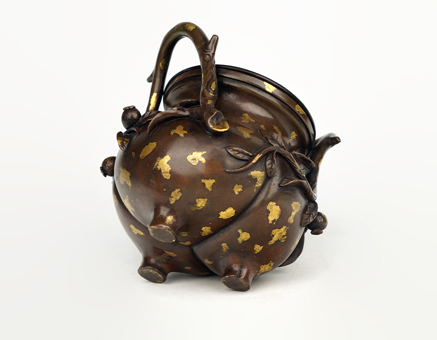 清代 唐物 涂金銅 砡摘 香爐 金象嵌 點(diǎn)金銅 唐木蓋付香爐 共箱（アンティーク 時(shí)代物 中國美術(shù) 舊家蔵出 高16cm）