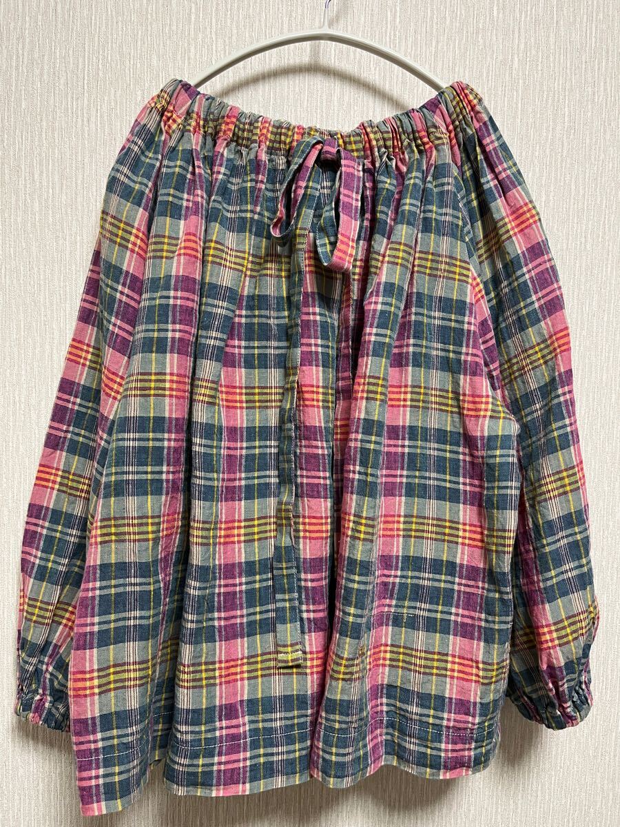 ★新品【45R 45rpm】インドリネンマドラスのシャーリングブラウス ピンク 2025 今季　著こなし　 チェック