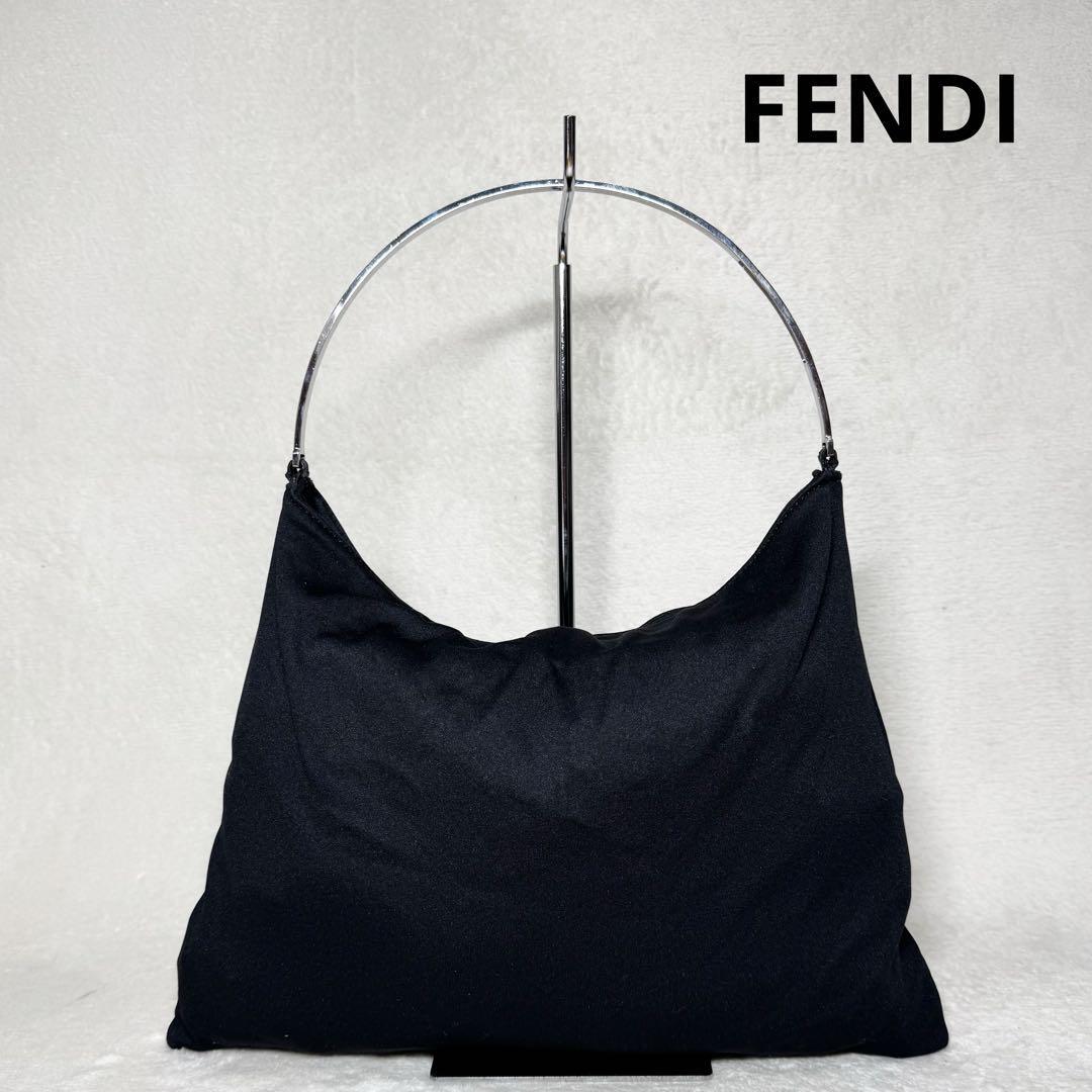 1円～ 美品 希少 FENDI フェンディ ハンドバッグ ショルダーバッグ ブラック ジャージ素材 ナイロン 伸縮性 持ち手 ハンドル スチール