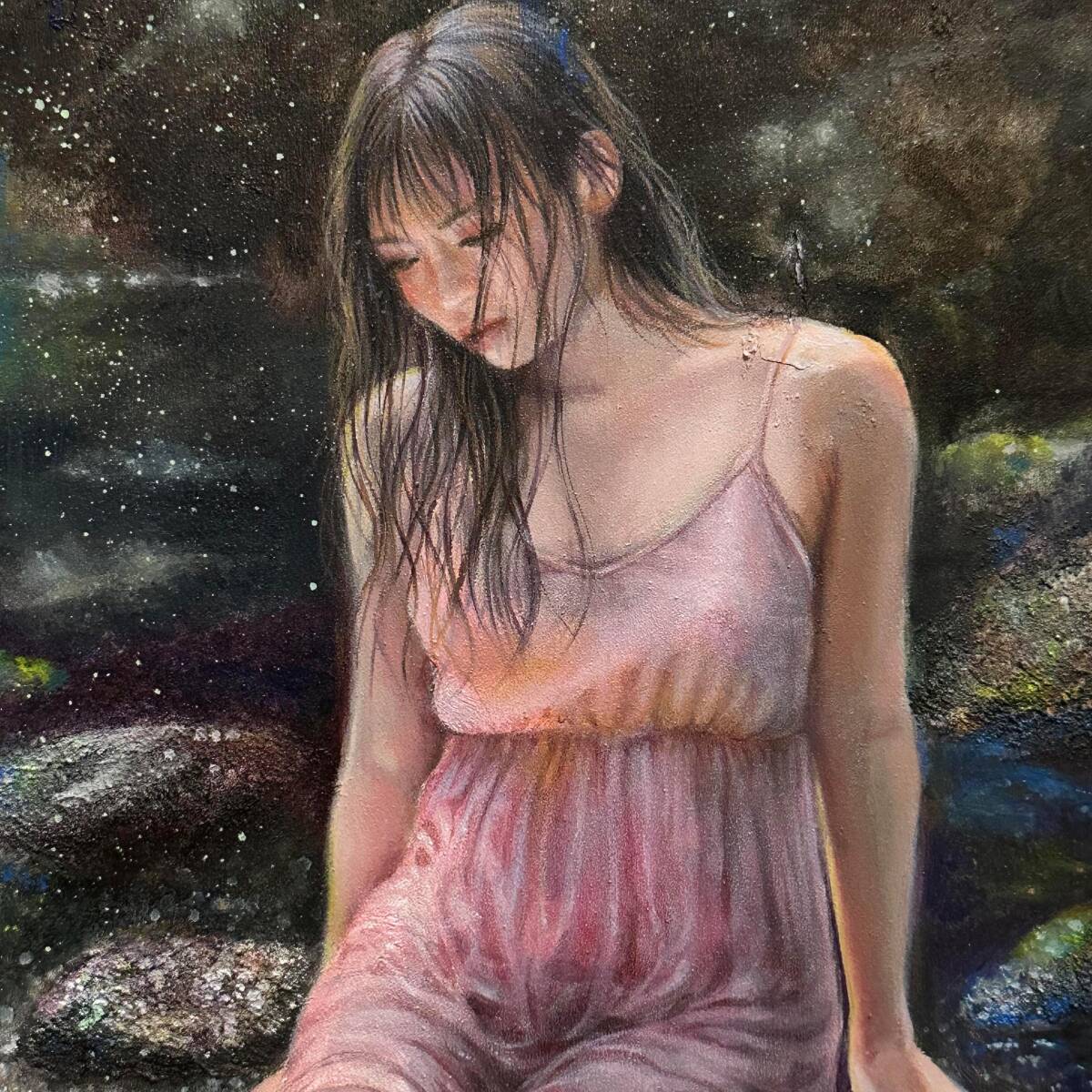 板材に映し出された美しい女性をモデルにしたリアリズム人物画 油彩画風アート作品 新作『 清夏の沢 』 油彩 新井みち 273mm×220mm 写実画 美人画