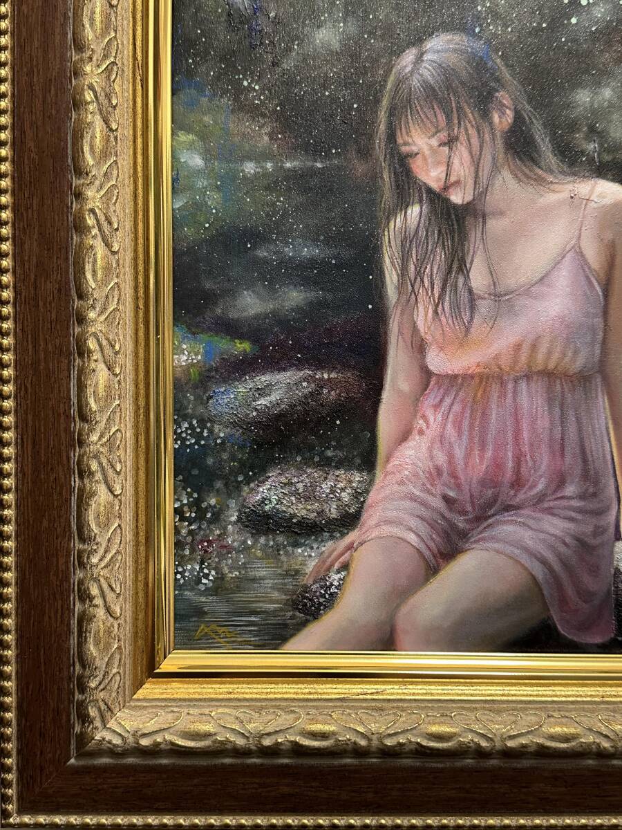 板材に映し出された美しい女性をモデルにしたリアリズム人物画 油彩画風アート作品 新作『 清夏の沢 』 油彩 新井みち 273mm×220mm 写実画 美人画