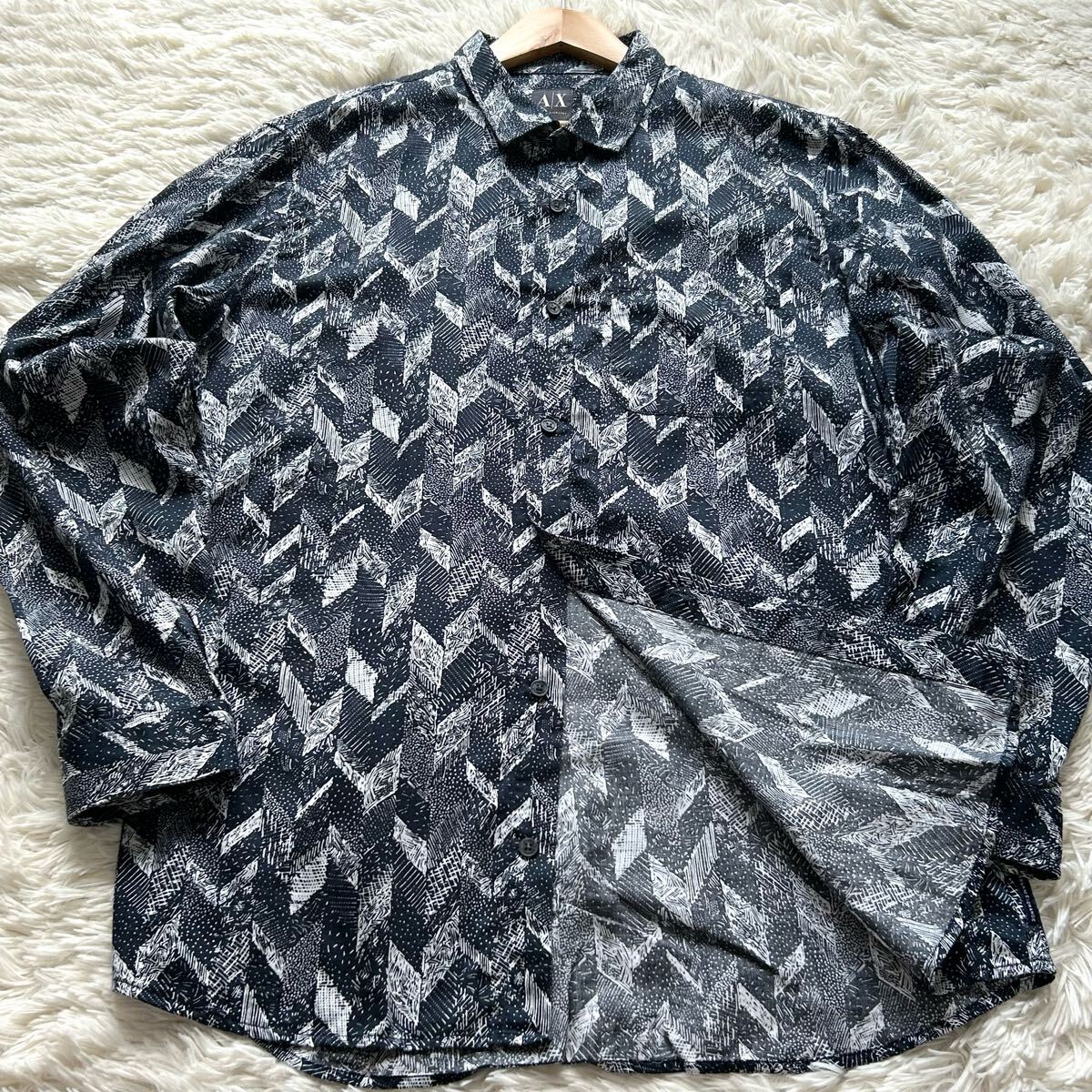 極美品/XLサイズ●アルマーニエクスチェンジ 長(zhǎng)袖シャツ 和柄 プリント総柄 洗える コットン 綿 羽織り ARMANIEXCHANGE ネイビー 紺 メンズ