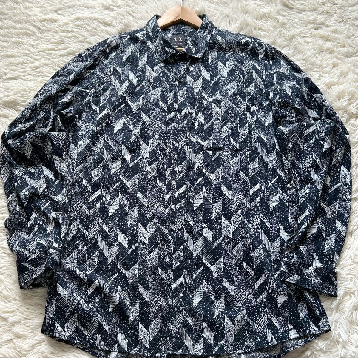 極美品/XLサイズ●アルマーニエクスチェンジ 長(zhǎng)袖シャツ 和柄 プリント総柄 洗える コットン 綿 羽織り ARMANIEXCHANGE ネイビー 紺 メンズ