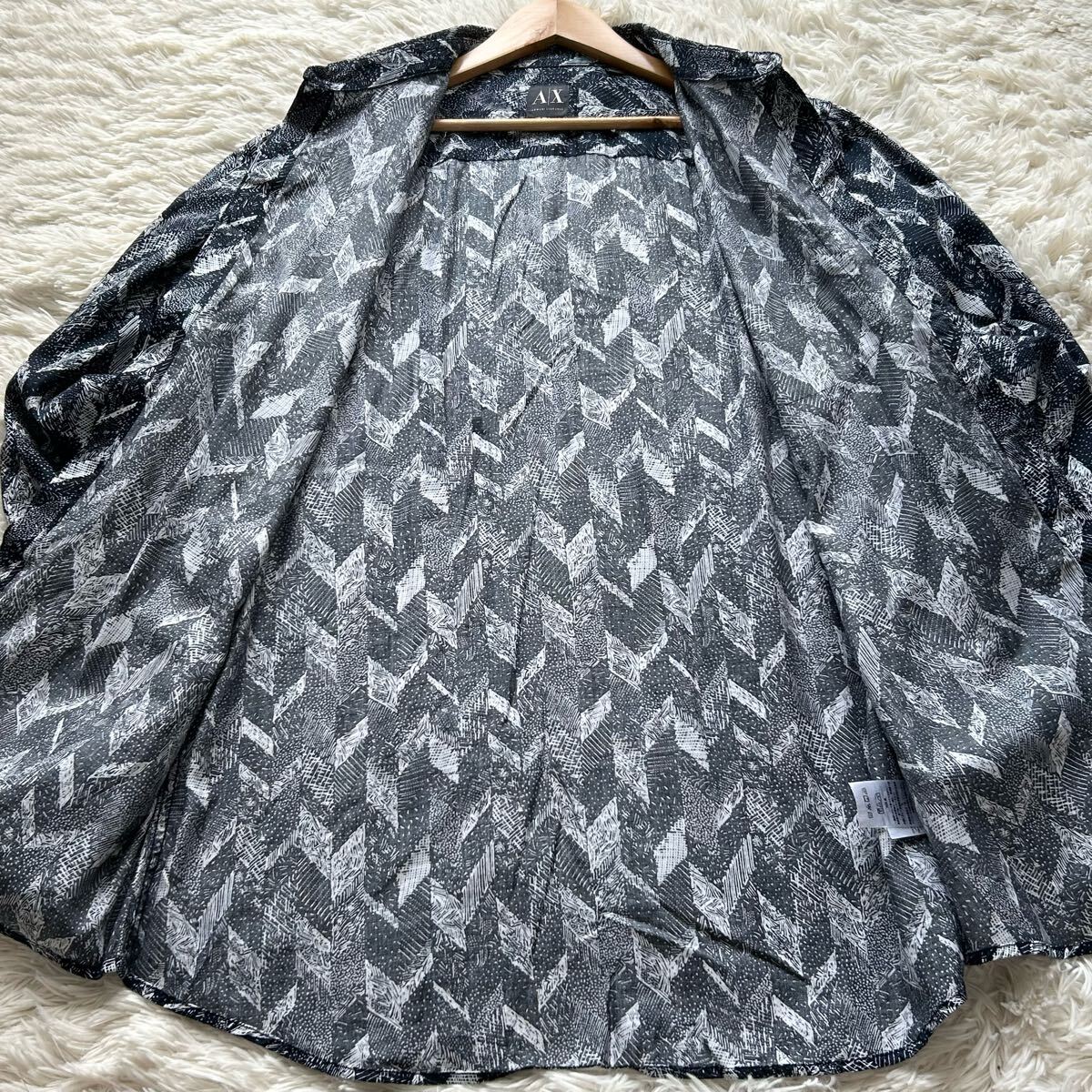 極美品/XLサイズ●アルマーニエクスチェンジ 長(zhǎng)袖シャツ 和柄 プリント総柄 洗える コットン 綿 羽織り ARMANIEXCHANGE ネイビー 紺 メンズ